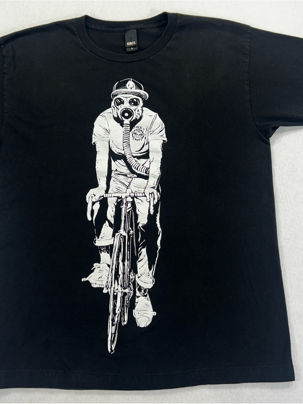 Obey Black T-Shirt with White Cyclist Gas Mask Graphic